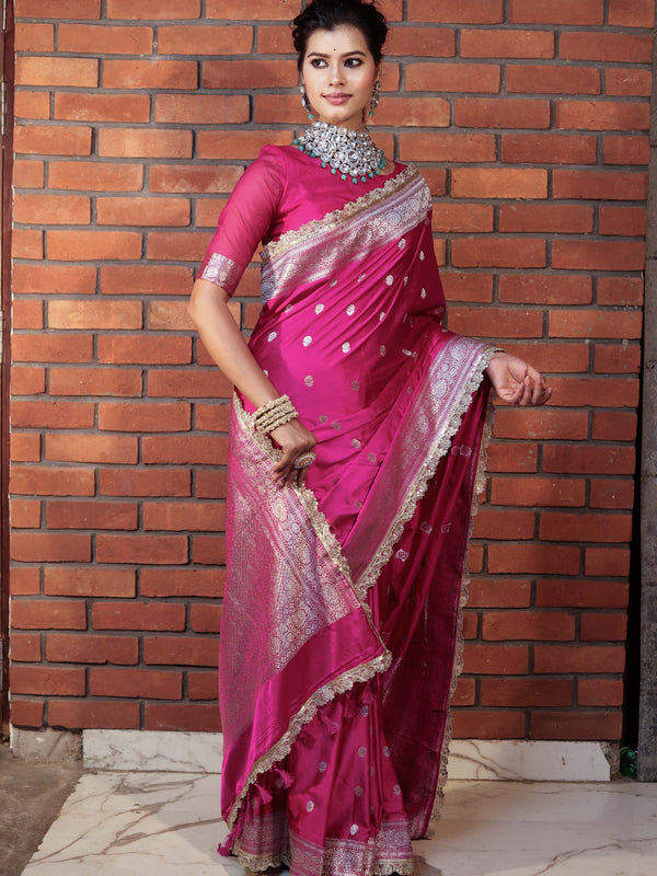 Banarasee Handwoven Semi Katan Saree With Zari Buti Design Border & Lace-Pink