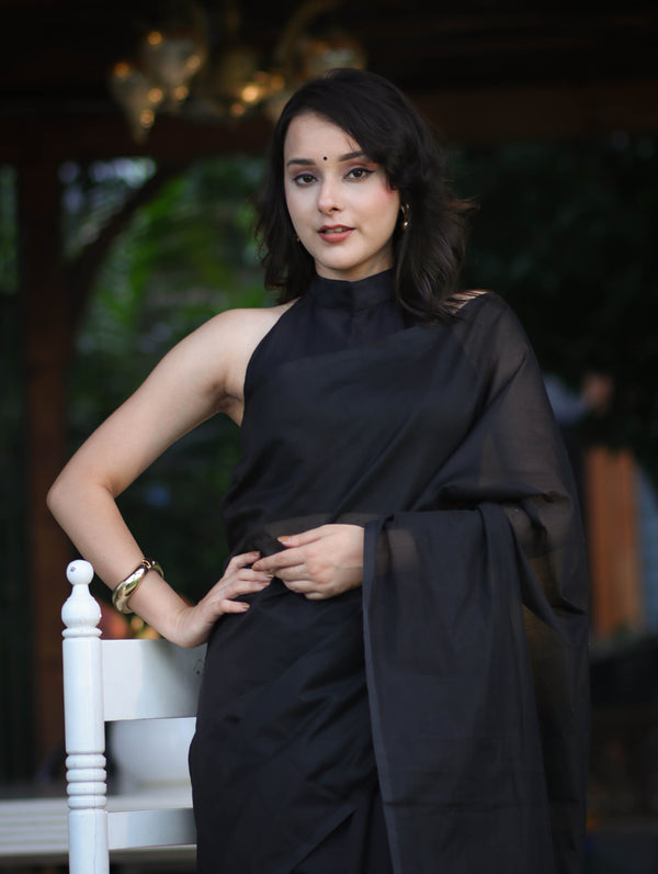 Banarasee Handloom Plain Cotton Silk Saree With Contrast Pallu-Black