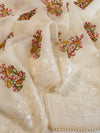 Banarasee Pure Organza Silk Saree With Floral Resham Embroidery-Cream
