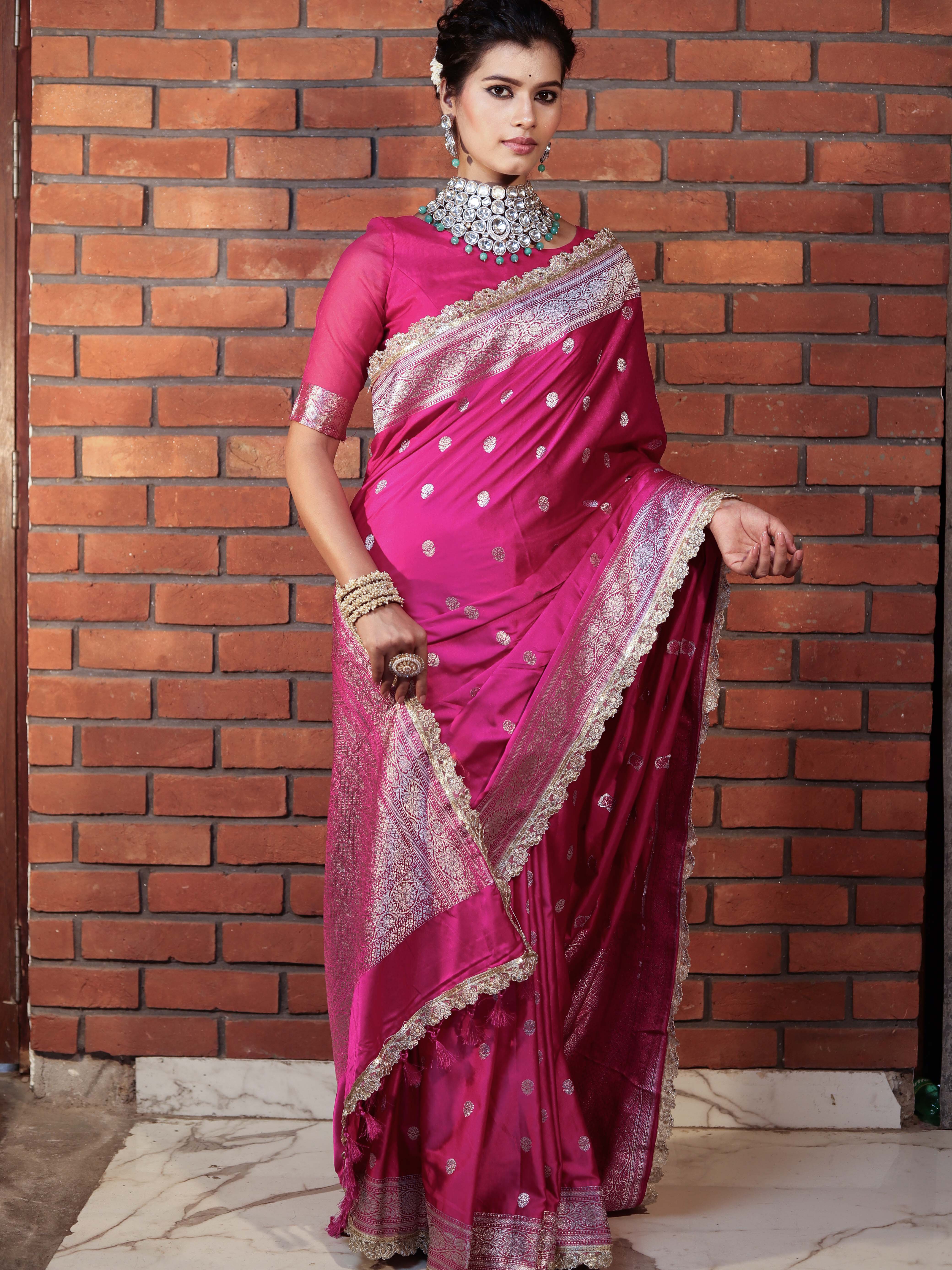 Banarasee Handwoven Semi Katan Saree With Zari Buti Design Border & Lace-Pink