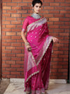 Banarasee Handwoven Semi Katan Saree With Zari Buti Design Border & Lace-Pink