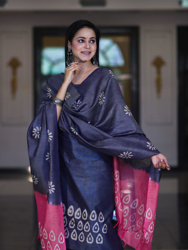 Pure Handloom Khadi Cotton Hand-Dyed Batik Pattern Salwar Kameez Dupatta Set-Blue & Pink