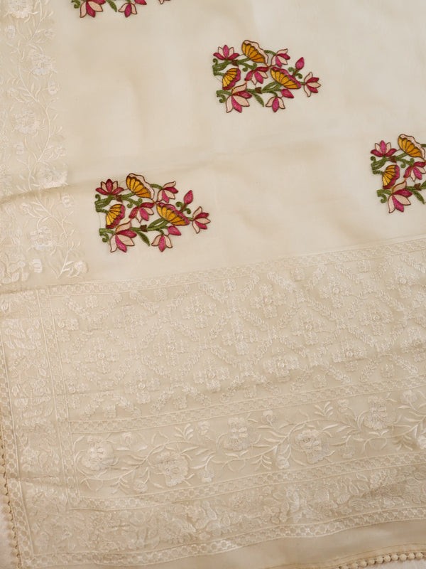 Banarasee Pure Organza Silk Saree With Floral Resham Embroidery-Cream
