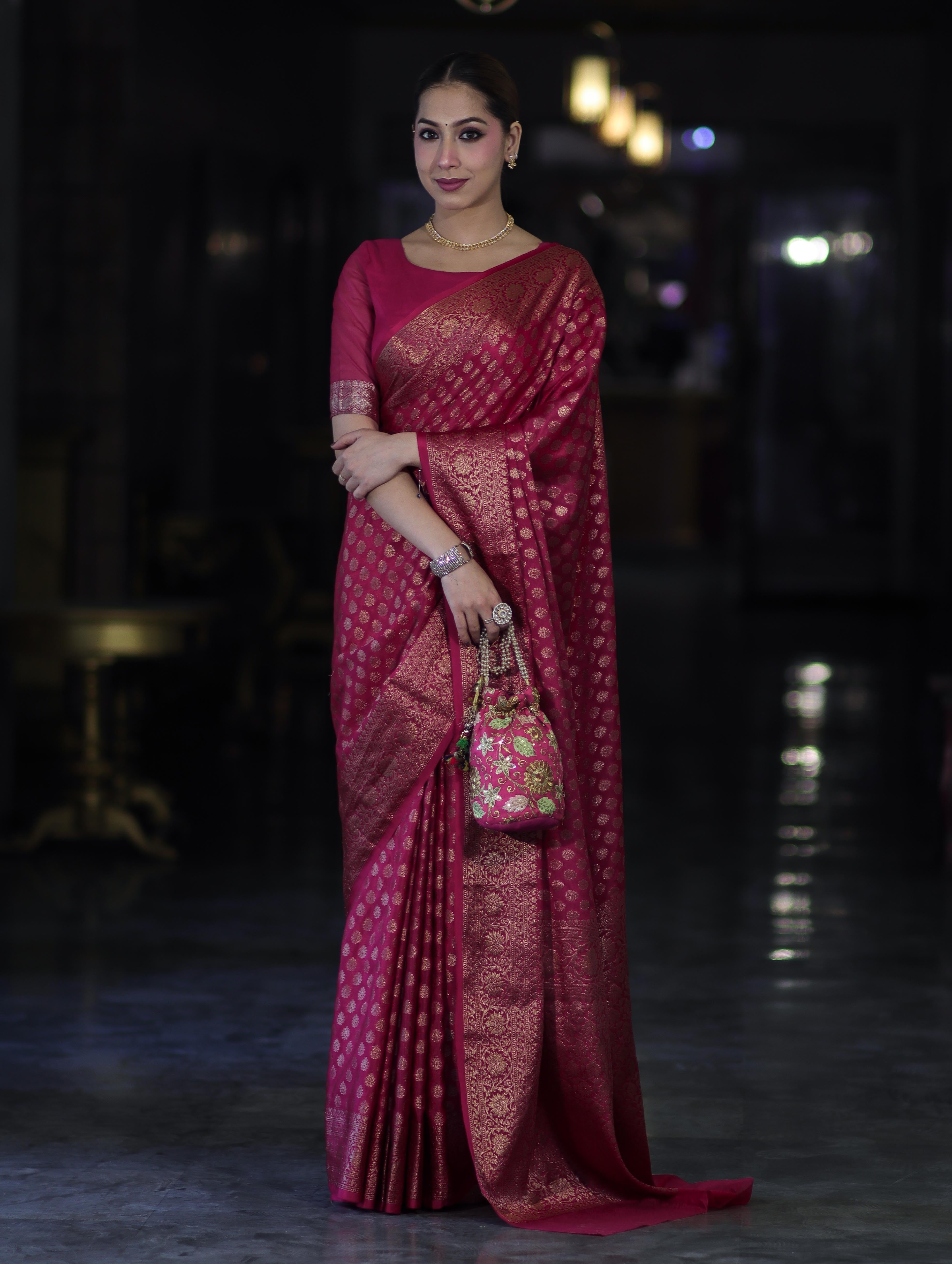 Banarasee Handwoven Georgette Saree With Zari Buta Design & Floral Border-Pink