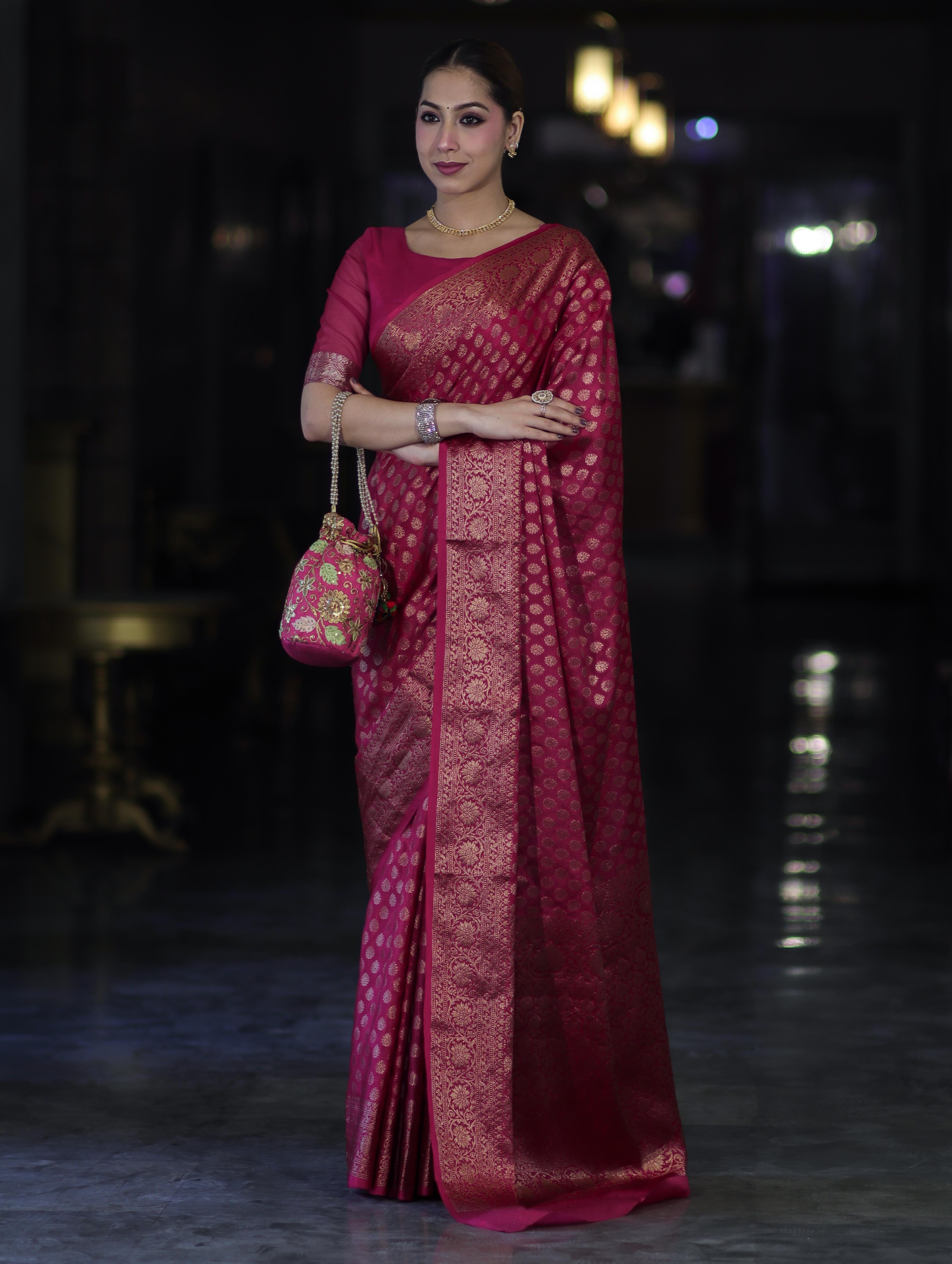 Banarasee Handwoven Georgette Saree With Zari Buta Design & Floral Border-Pink