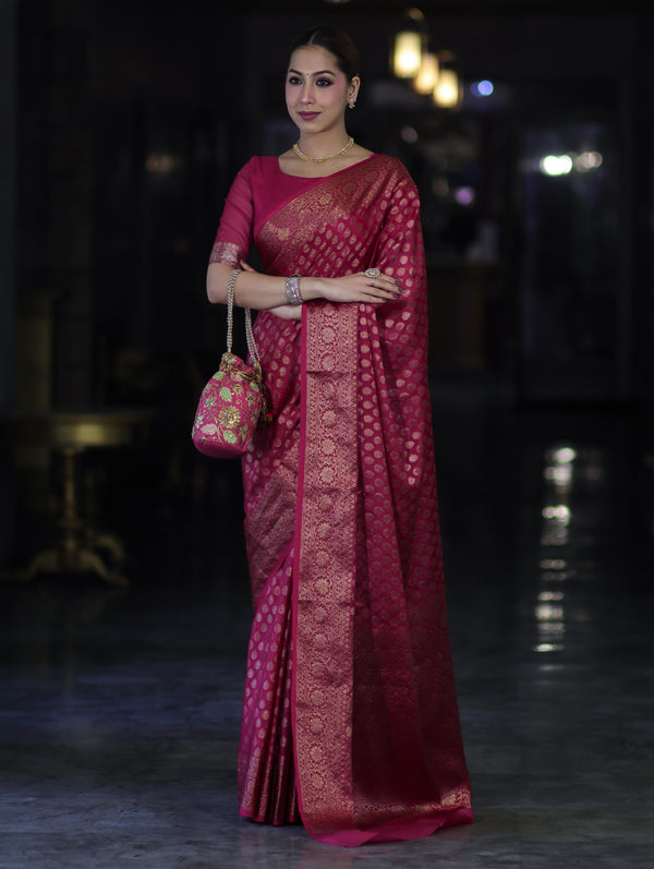 Banarasee Handwoven Georgette Saree With Zari Buta Design & Floral Border-Pink