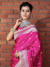 Banarasee Handwoven Semi Katan Saree With Zari Buti Design Border & Lace-Pink