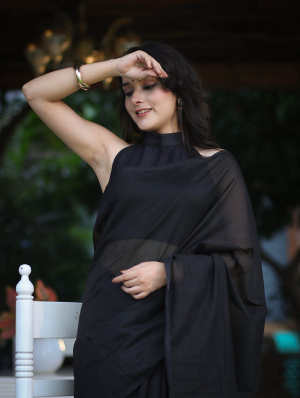 Banarasee Handloom Plain Cotton Silk Saree With Contrast Pallu-Black
