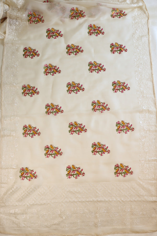 Banarasee Pure Organza Silk Saree With Floral Resham Embroidery-Cream