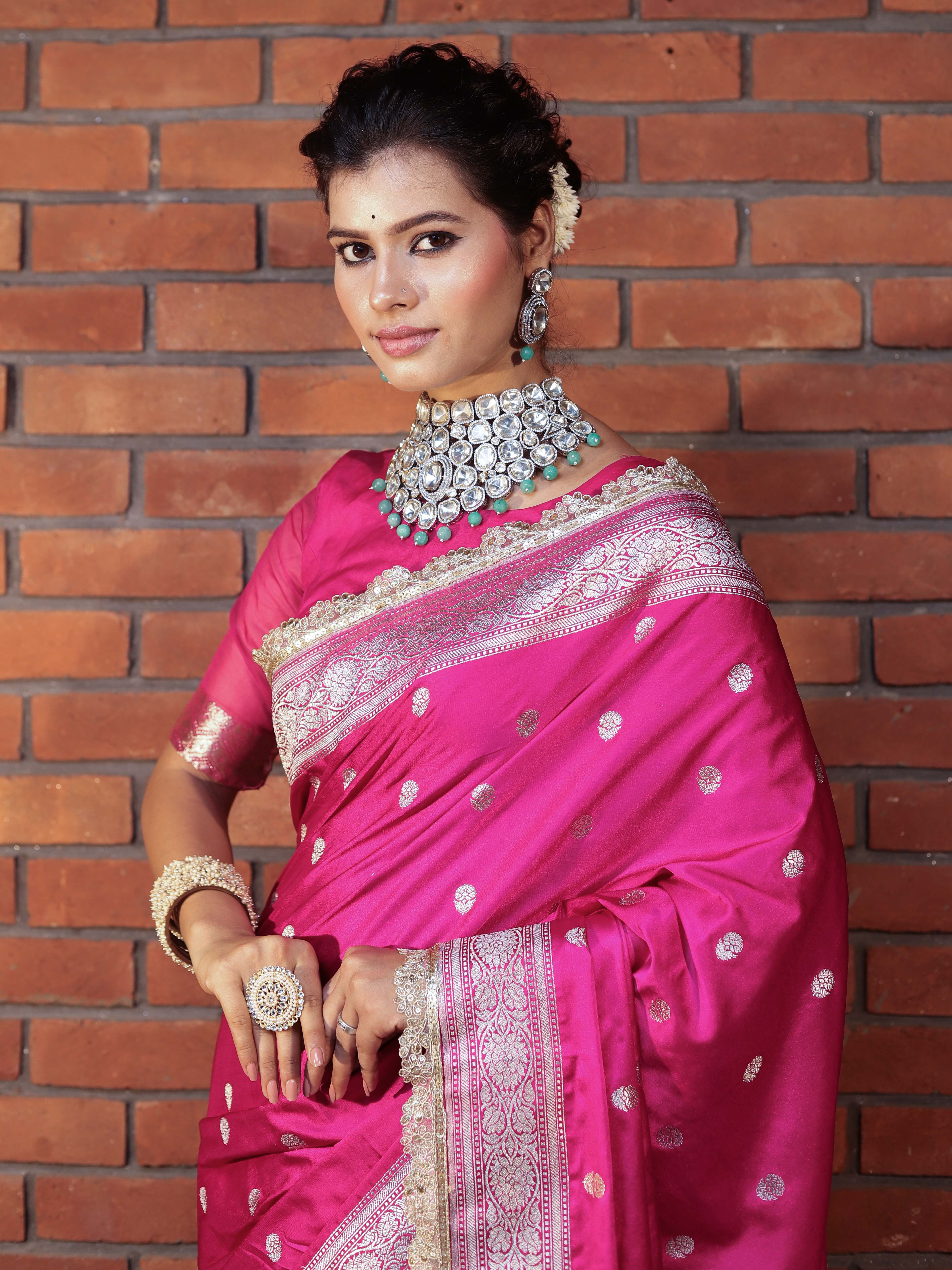 Banarasee Handwoven Semi Katan Saree With Zari Buti Design Border & Lace-Pink