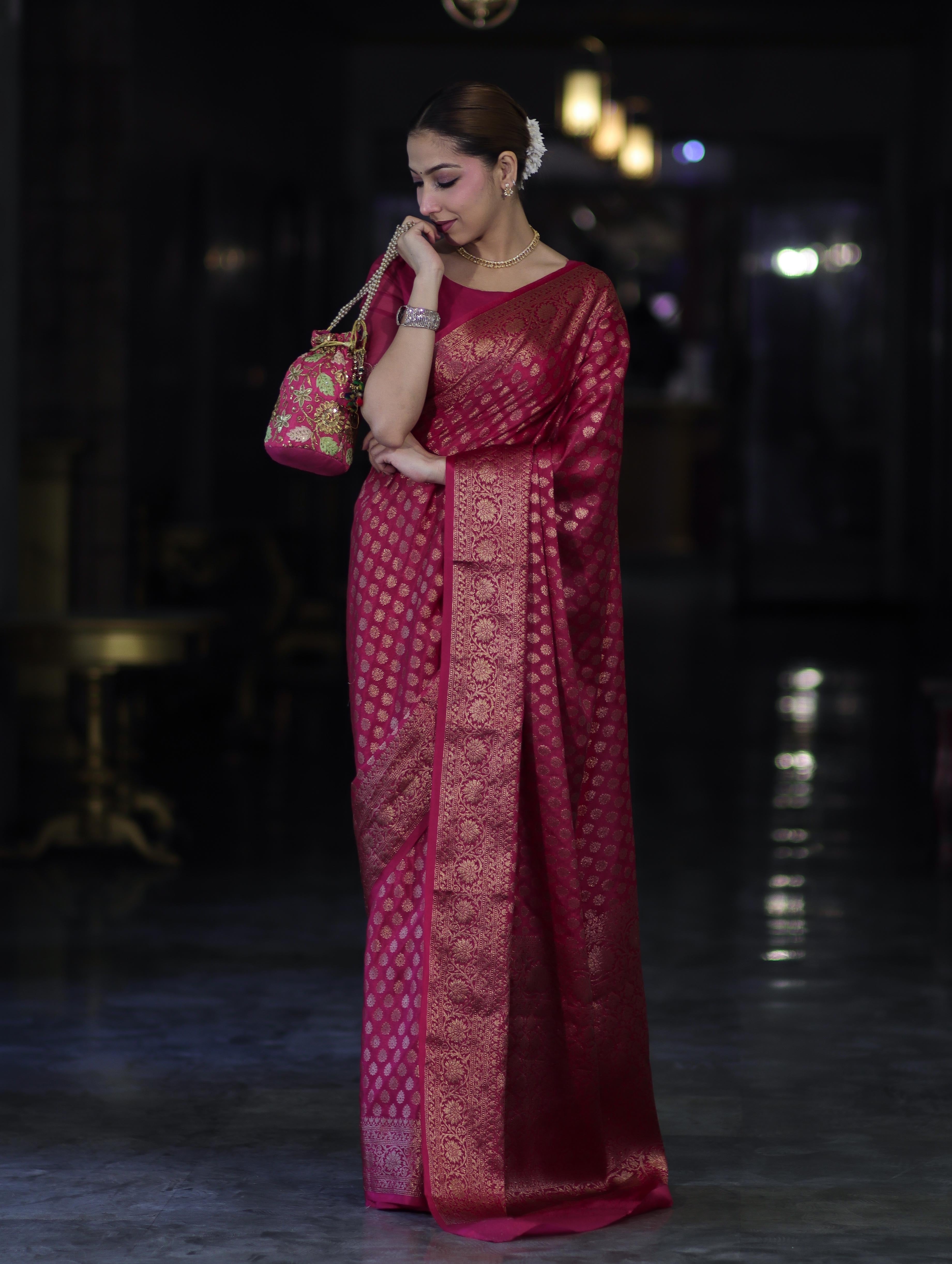 Banarasee Handwoven Georgette Saree With Zari Buta Design & Floral Border-Pink