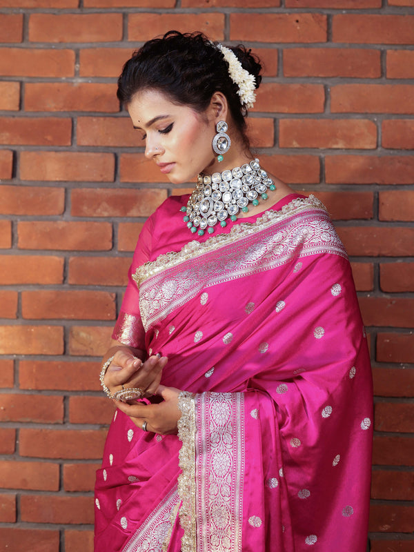 Banarasee Handwoven Semi Katan Saree With Zari Buti Design Border & Lace-Pink