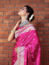 Banarasee Handwoven Semi Katan Saree With Zari Buti Design Border & Lace-Pink
