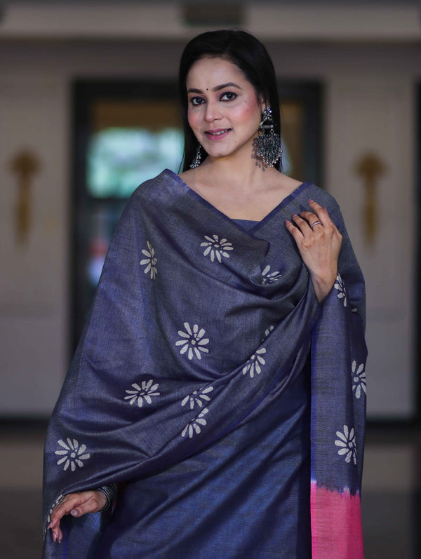 Pure Handloom Khadi Cotton Hand-Dyed Batik Pattern Salwar Kameez Dupatta Set-Blue & Pink