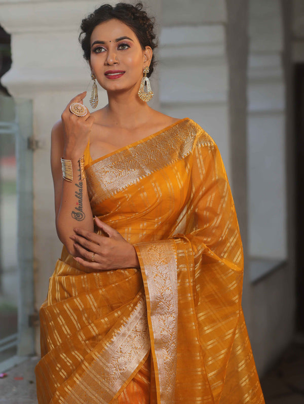 Banarasee Handwoven Striped Tissue Saree-Yellow