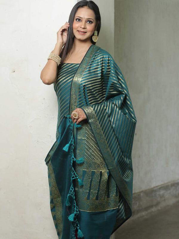 Banarasee Cotton Silk Zari Woven Salwar Kameez Dupatta Set-Green