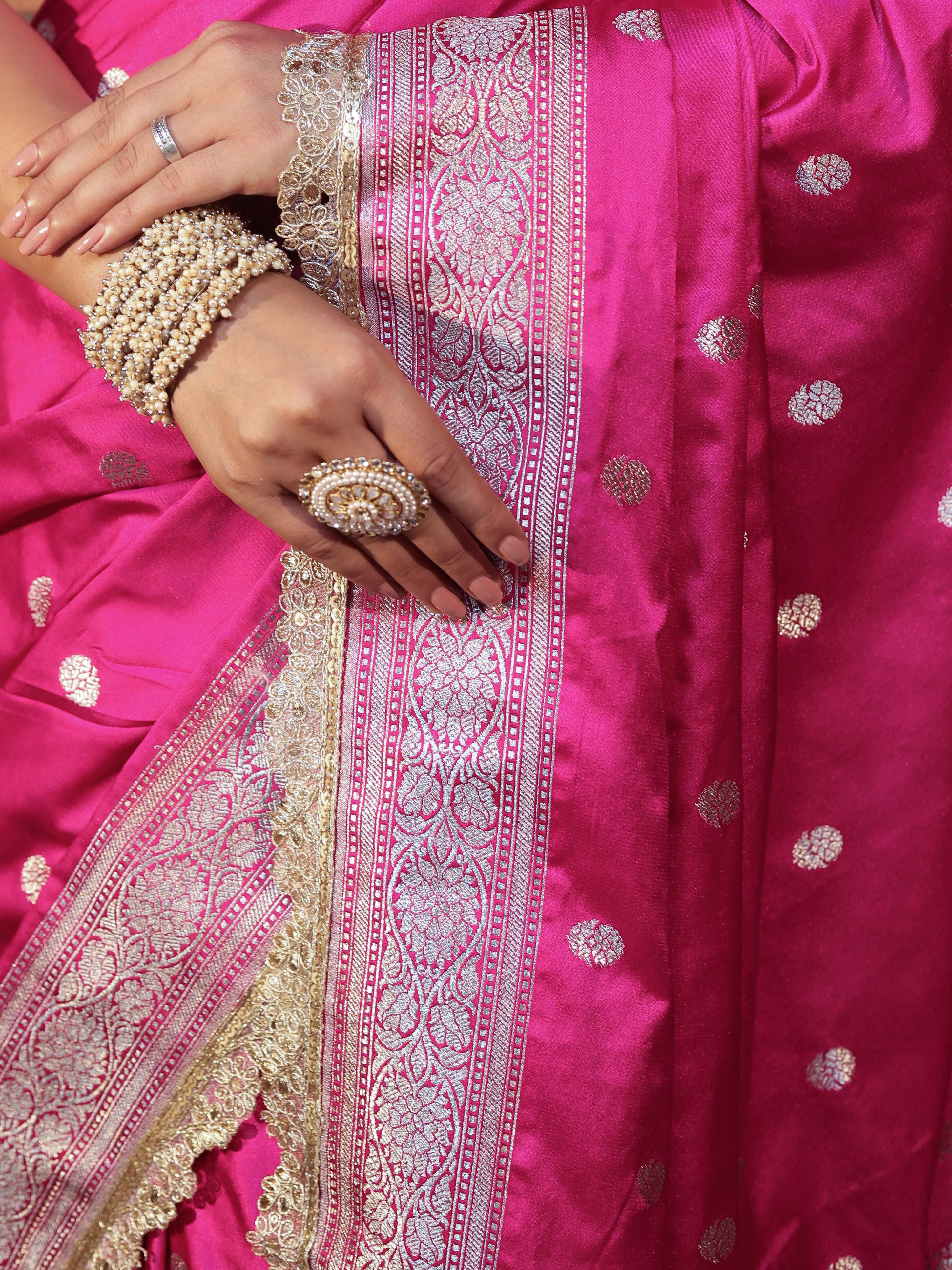 Banarasee Handwoven Semi Katan Saree With Zari Buti Design Border & Lace-Pink