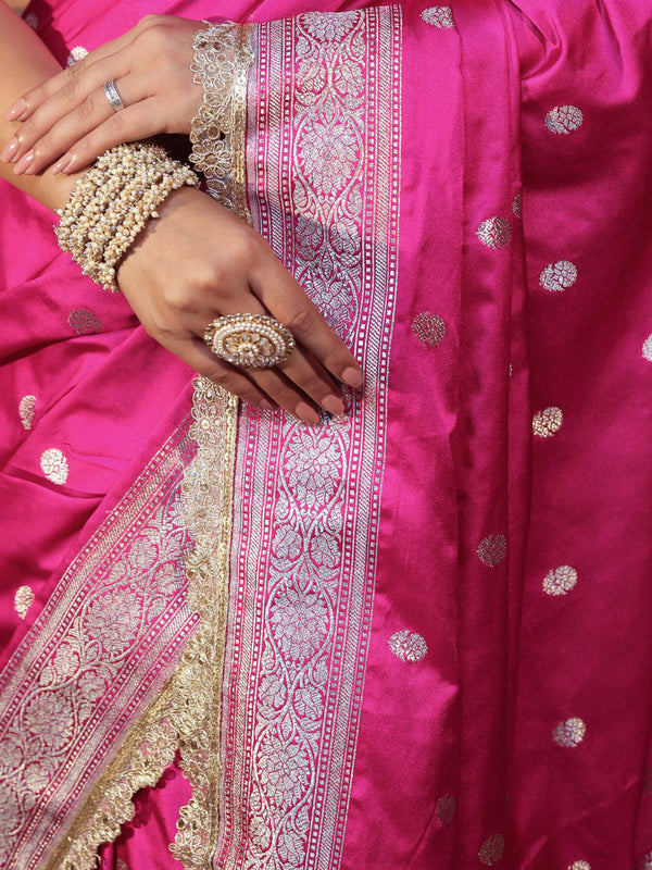 Banarasee Handwoven Semi Katan Saree With Zari Buti Design Border & Lace-Pink