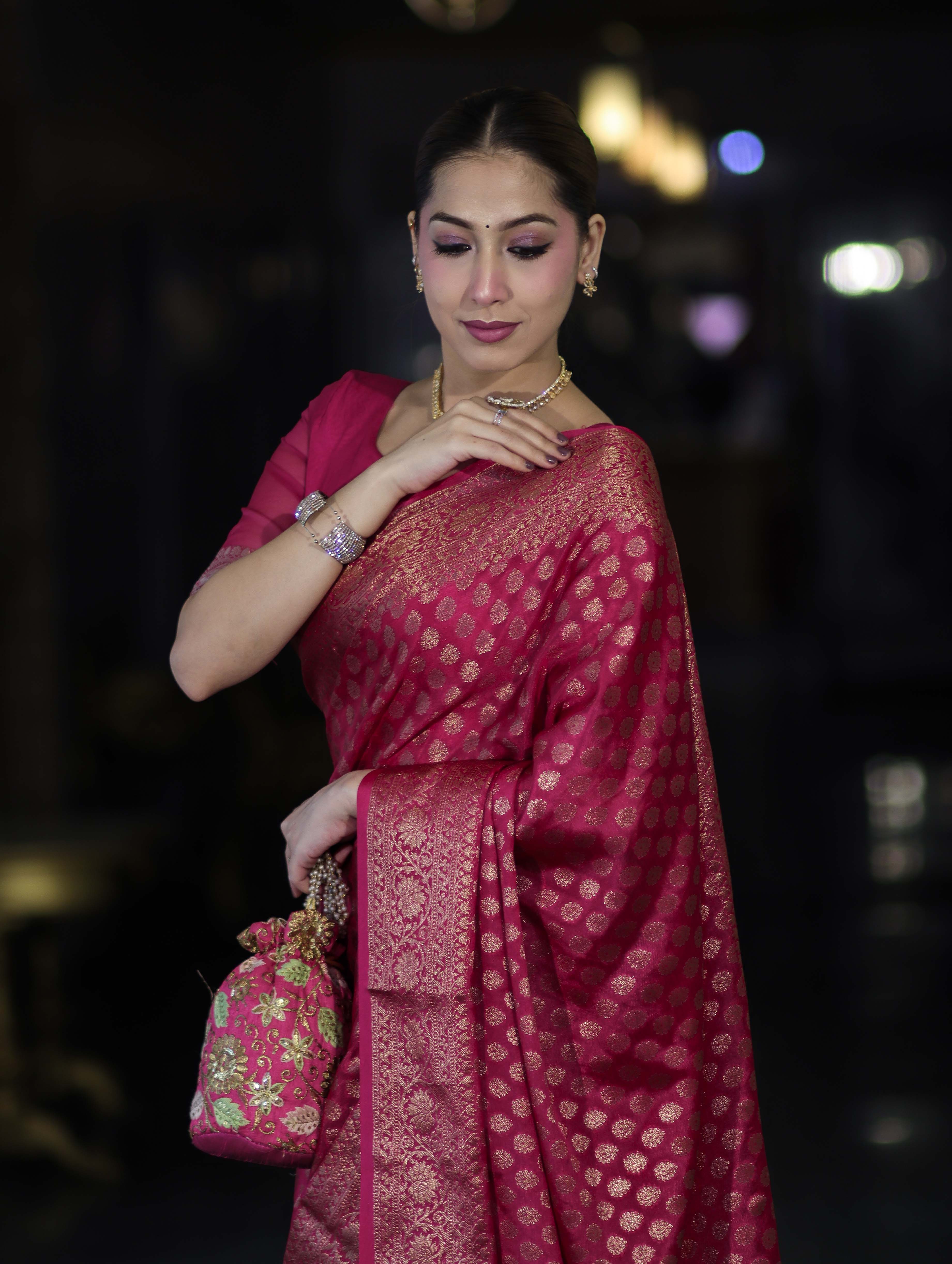 Banarasee Handwoven Georgette Saree With Zari Buta Design & Floral Border-Pink