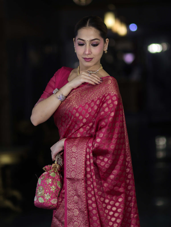Banarasee Handwoven Georgette Saree With Zari Buta Design & Floral Border-Pink