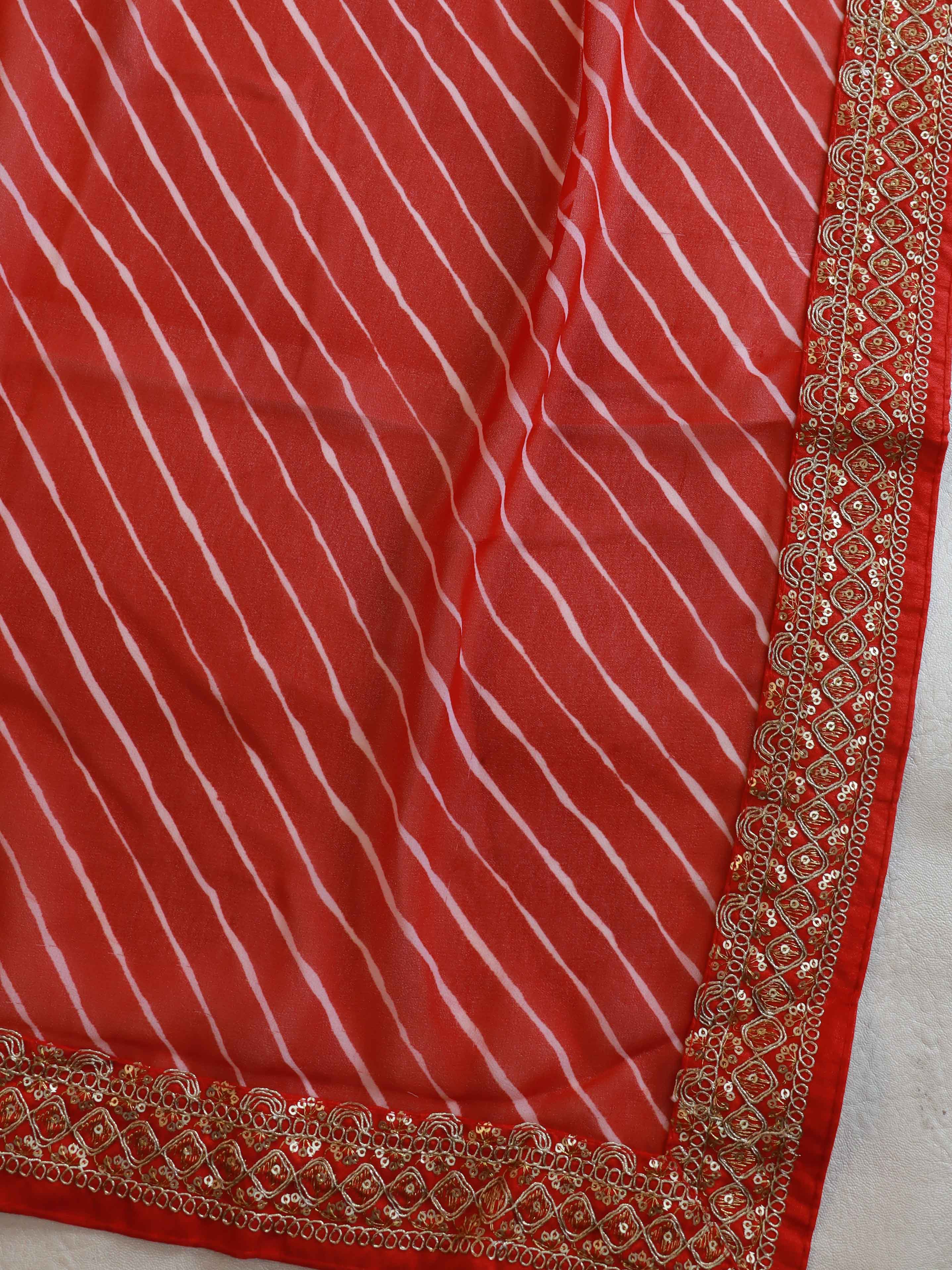 Banarasee Georgette Embroidered Lehariya Print Saree-Red