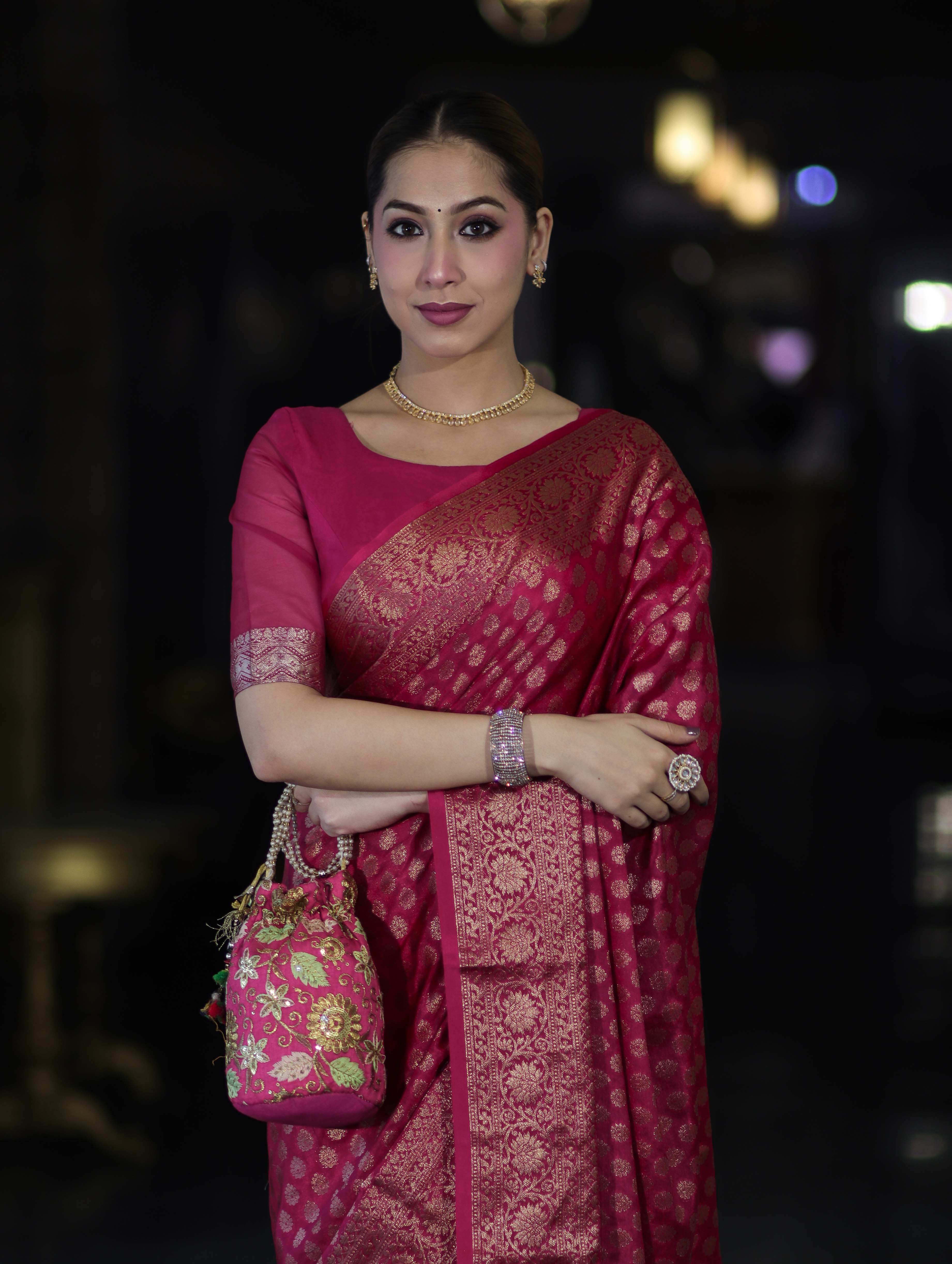 Banarasee Handwoven Georgette Saree With Zari Buta Design & Floral Border-Pink