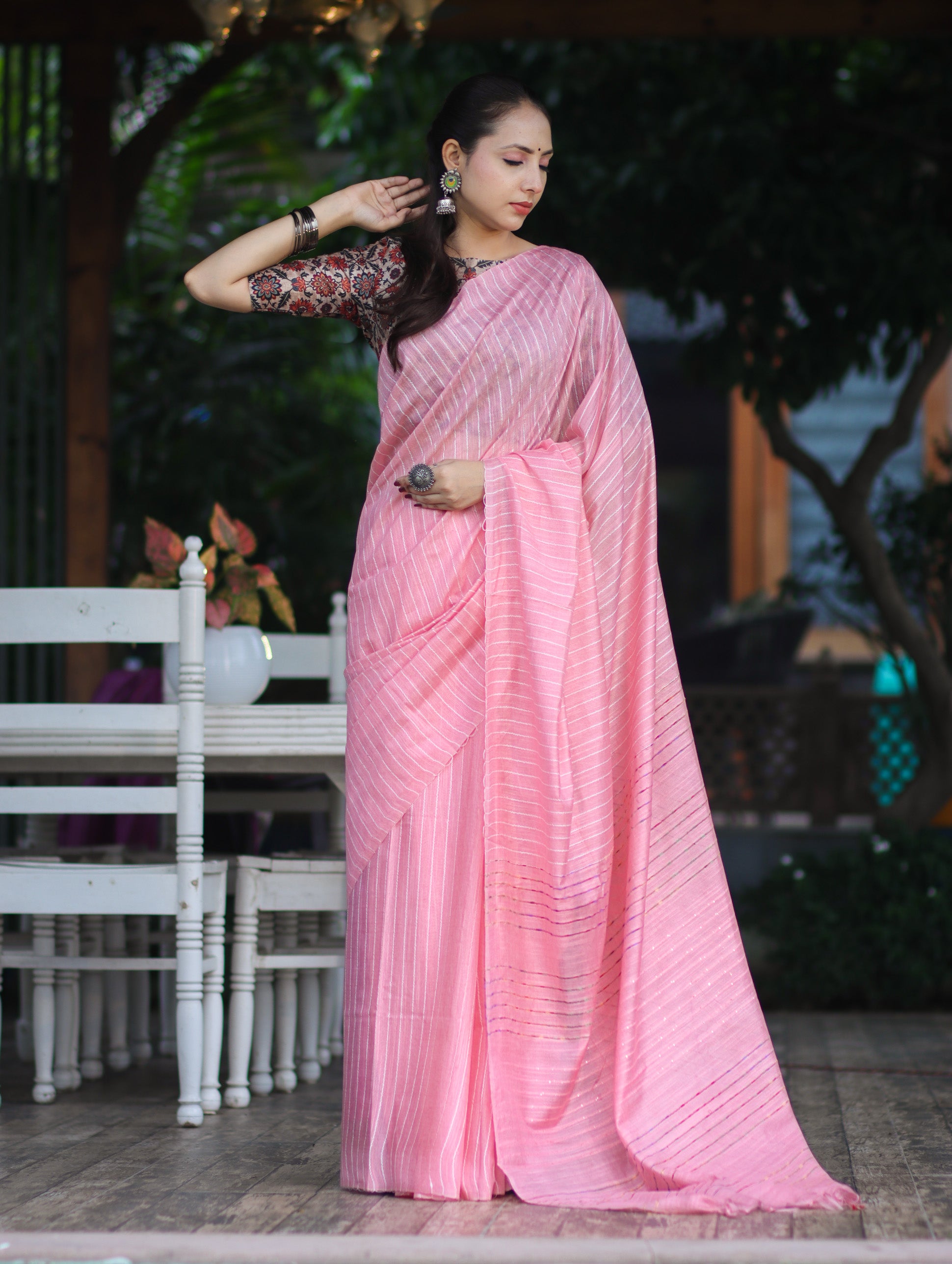 Bhagalpur Handloom Semi Silk Saree With Stripes Design-Light Pink