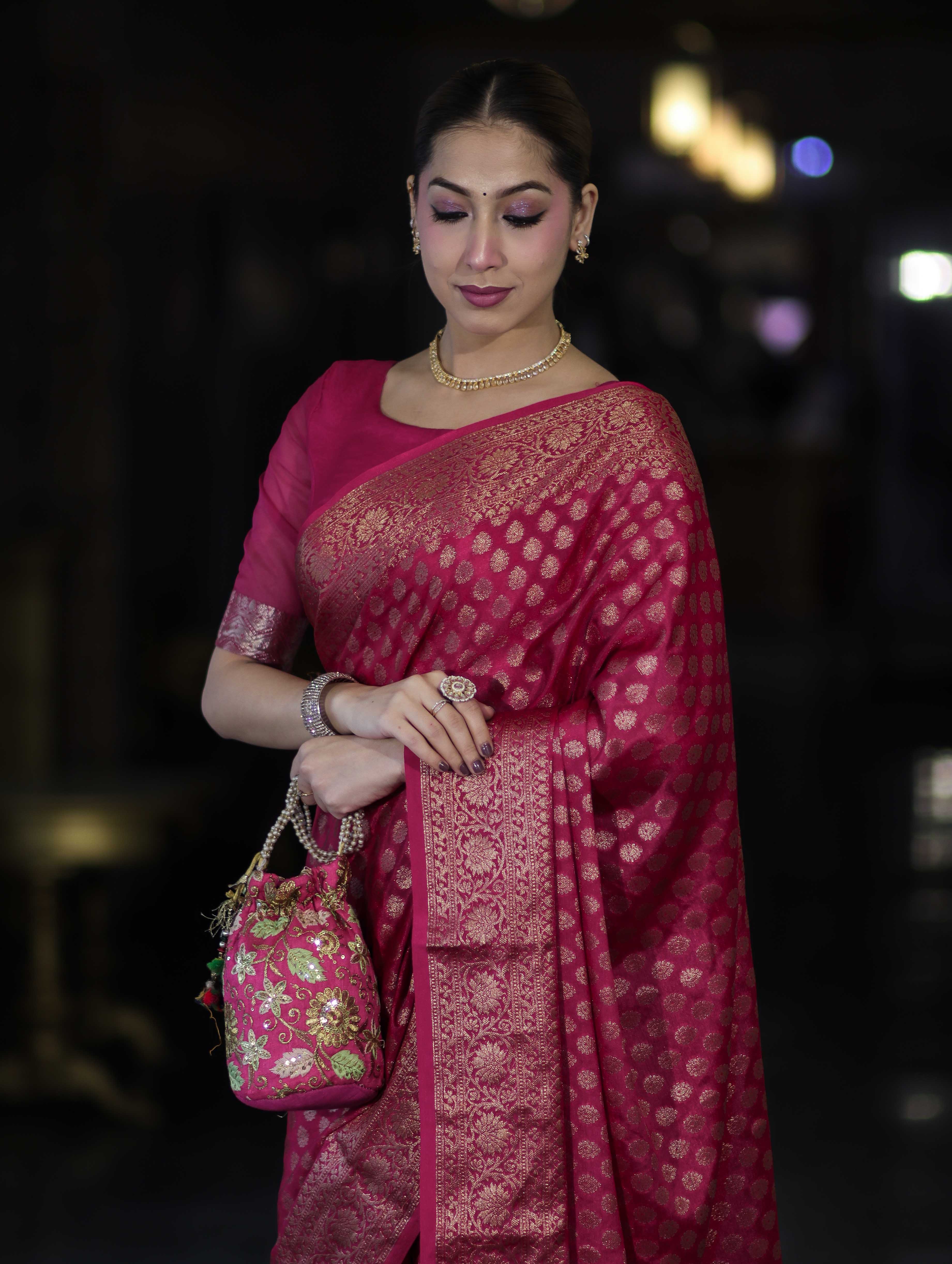 Banarasee Handwoven Georgette Saree With Zari Buta Design & Floral Border-Pink