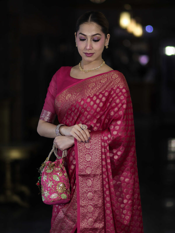 Banarasee Handwoven Georgette Saree With Zari Buta Design & Floral Border-Pink