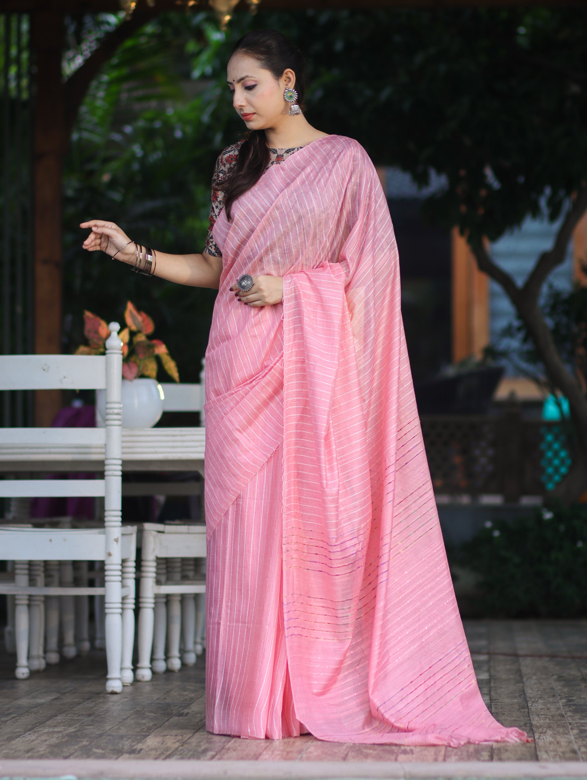 Bhagalpur Handloom Semi Silk Saree With Stripes Design-Light Pink
