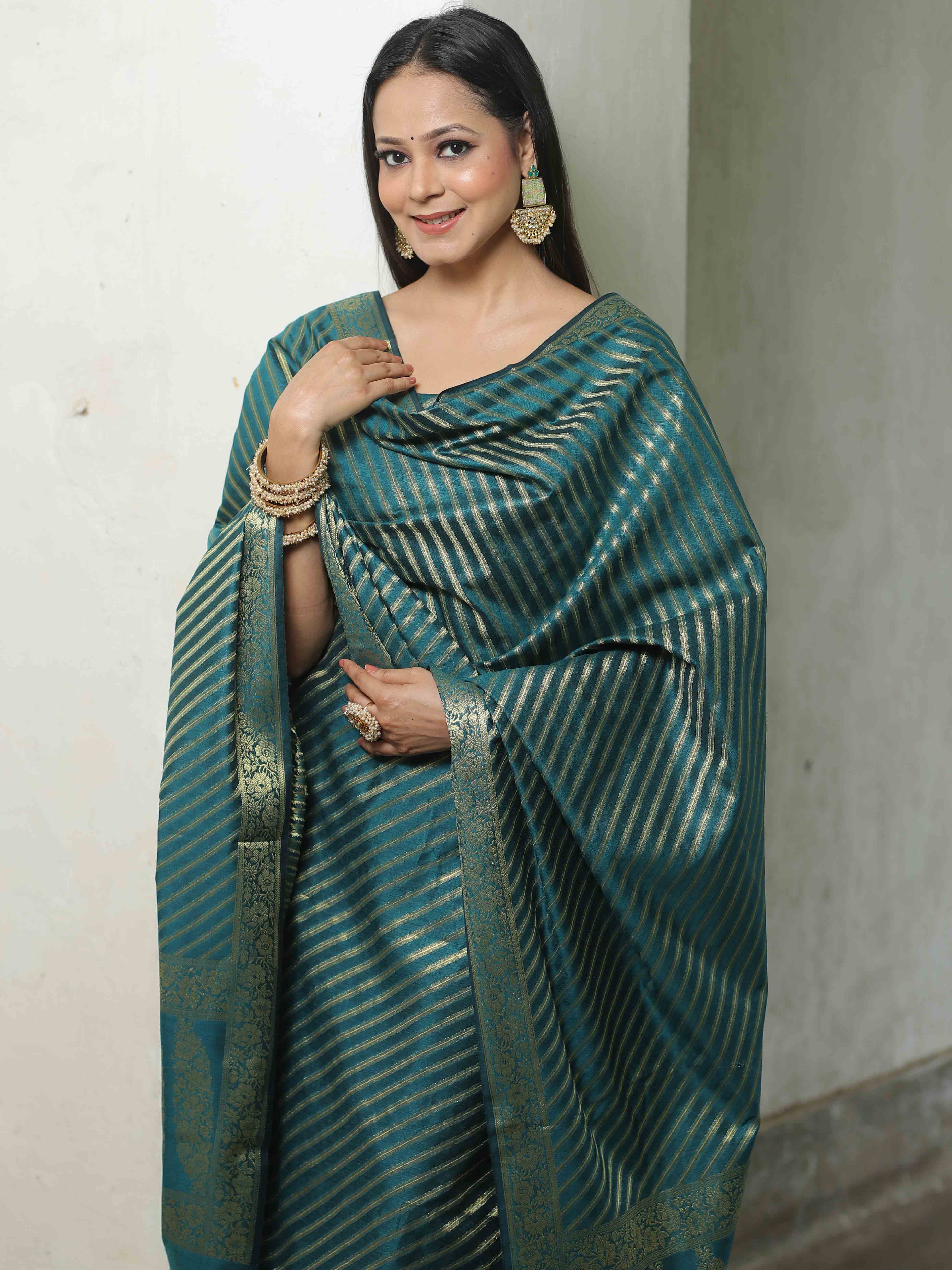 Banarasee Cotton Silk Zari Woven Salwar Kameez Dupatta Set-Green