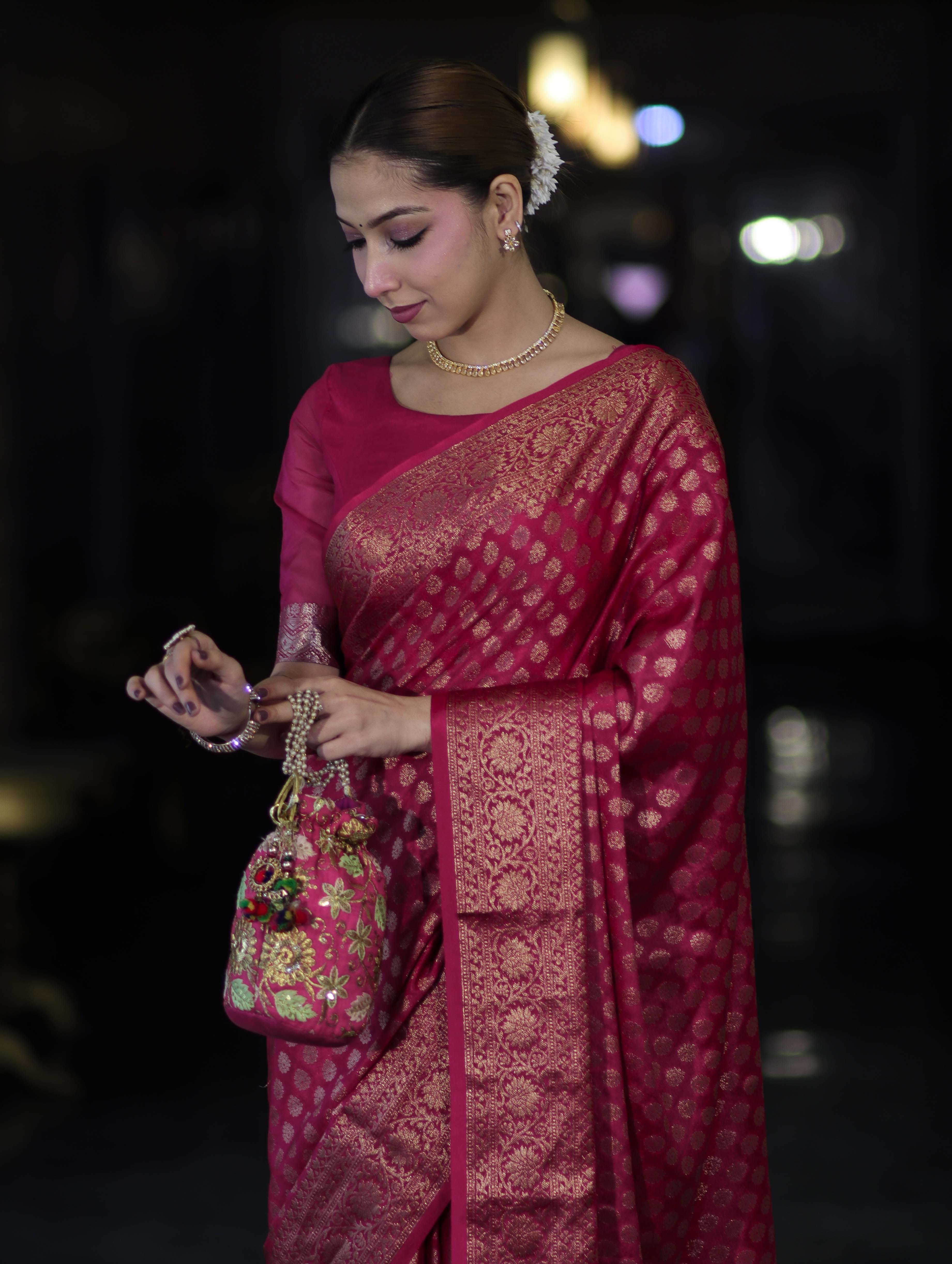 Banarasee Handwoven Georgette Saree With Zari Buta Design & Floral Border-Pink