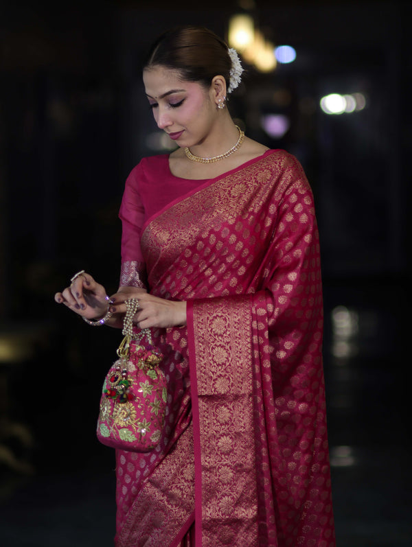 Banarasee Handwoven Georgette Saree With Zari Buta Design & Floral Border-Pink