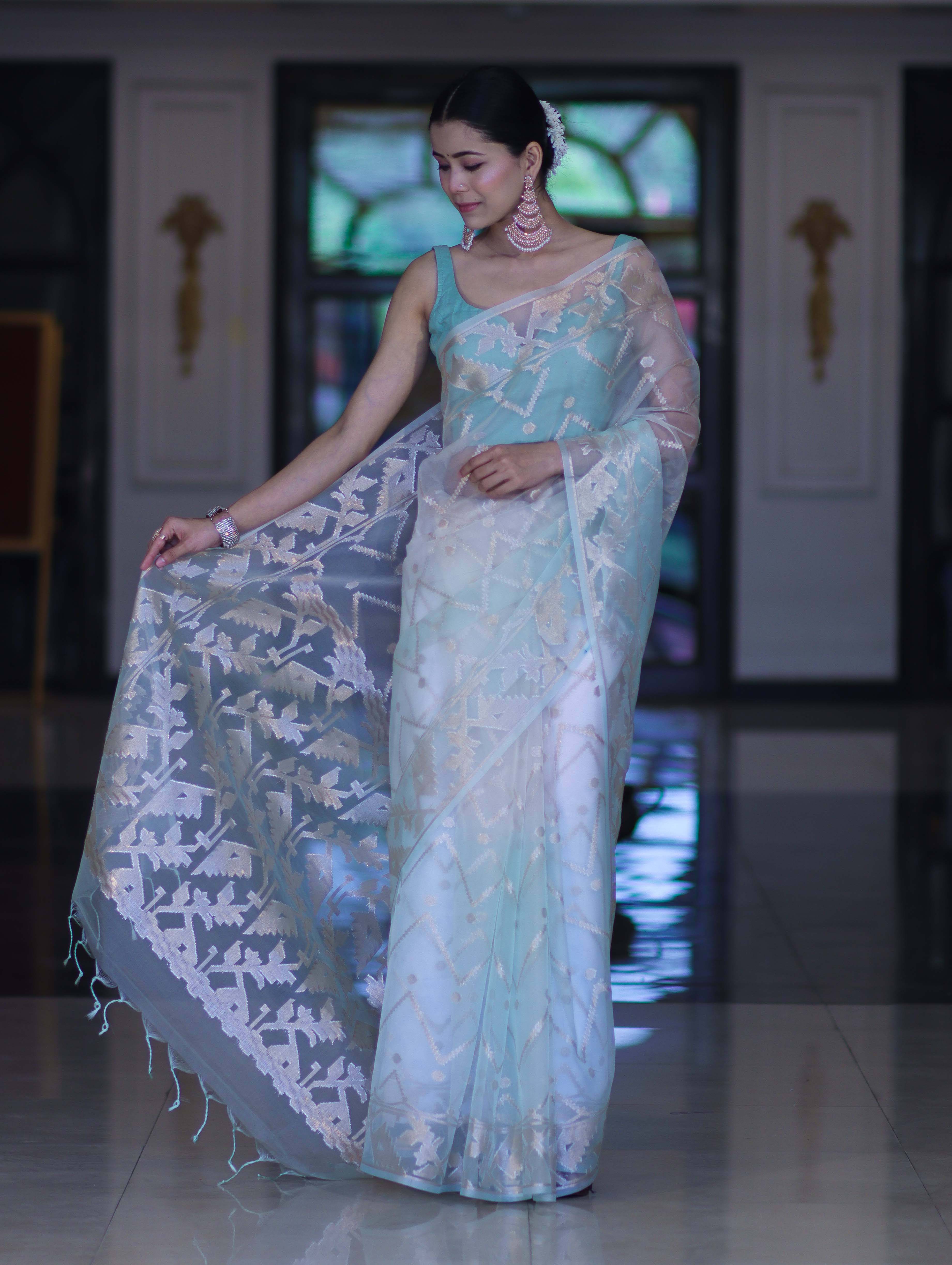 Banarasee Dual Color Organza Saree With Zari Jaal Design-Mint Green & Light Yellow