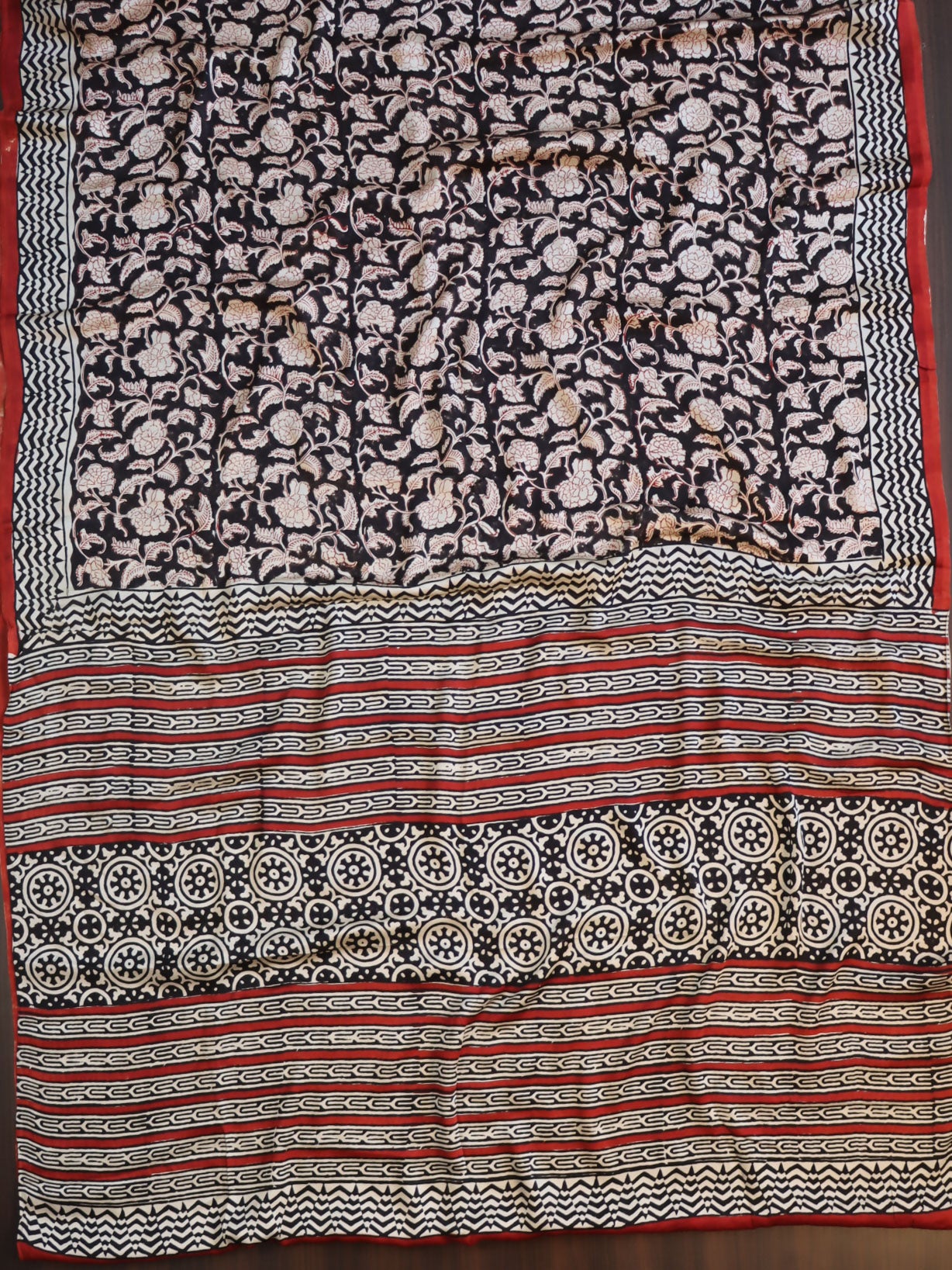 Banarasee Handloom Modal Silk Block Print Saree-Black