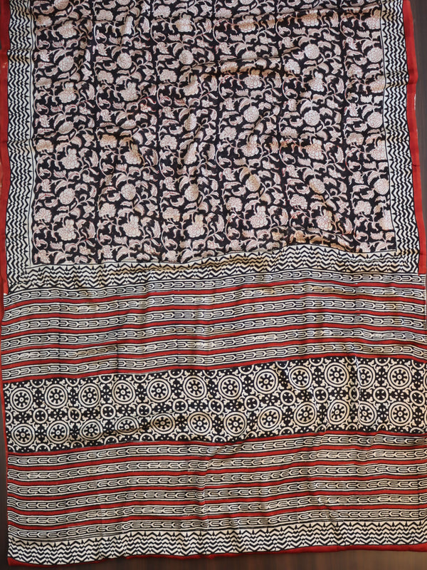 Banarasee Handloom Modal Silk Block Print Saree-Black