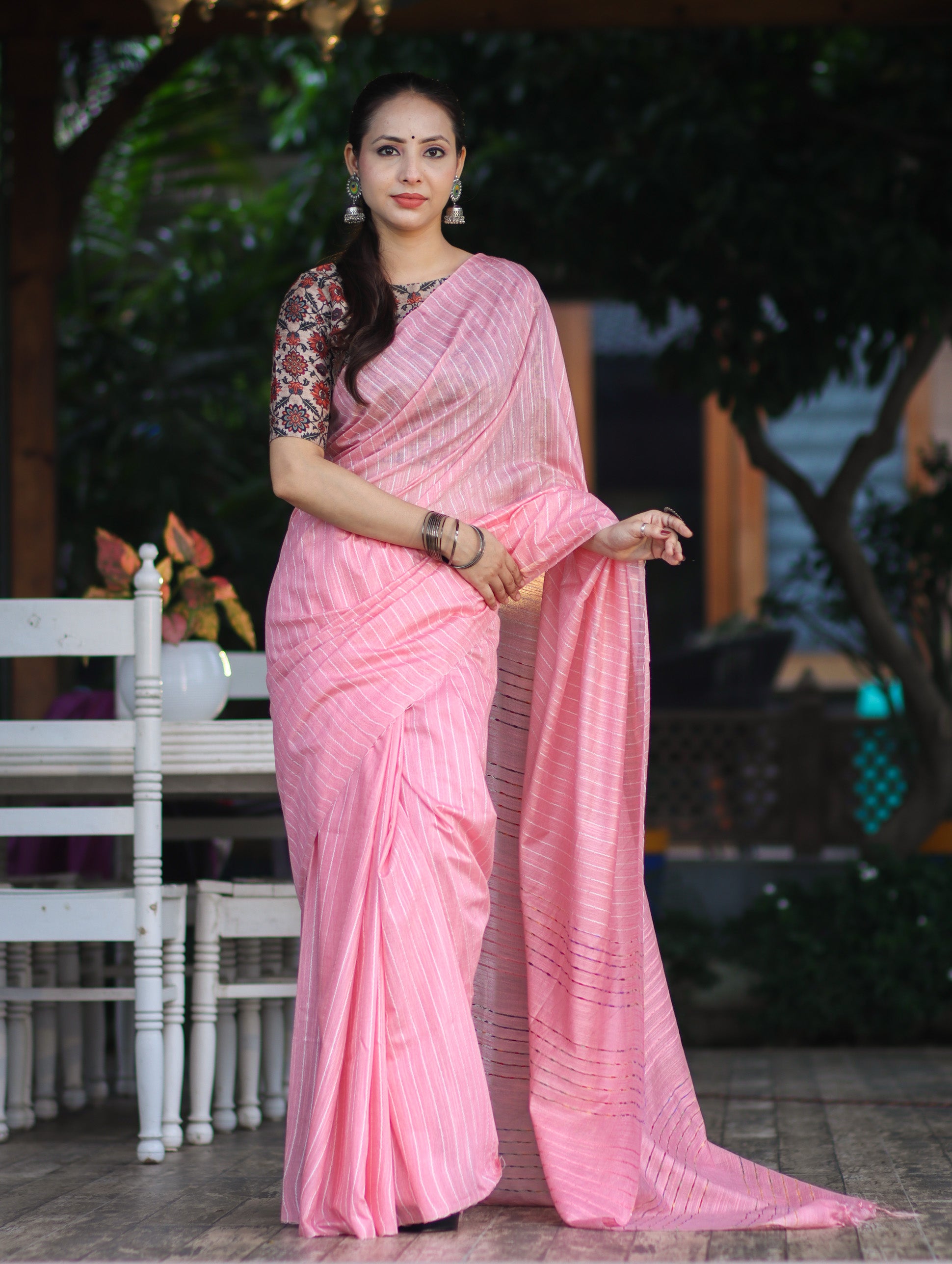 Bhagalpur Handloom Semi Silk Saree With Stripes Design-Light Pink
