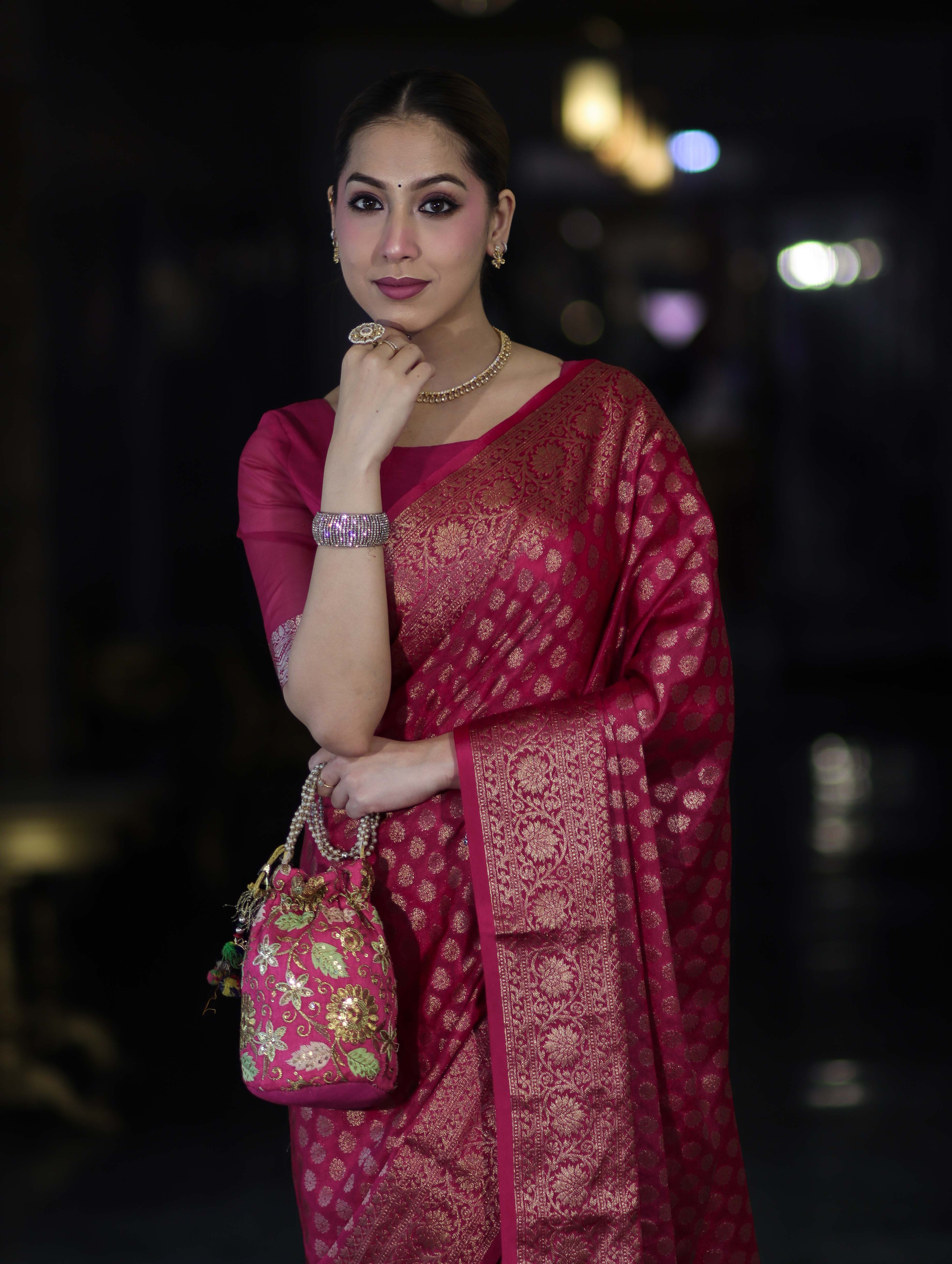 Banarasee Handwoven Georgette Saree With Zari Buta Design & Floral Border-Pink