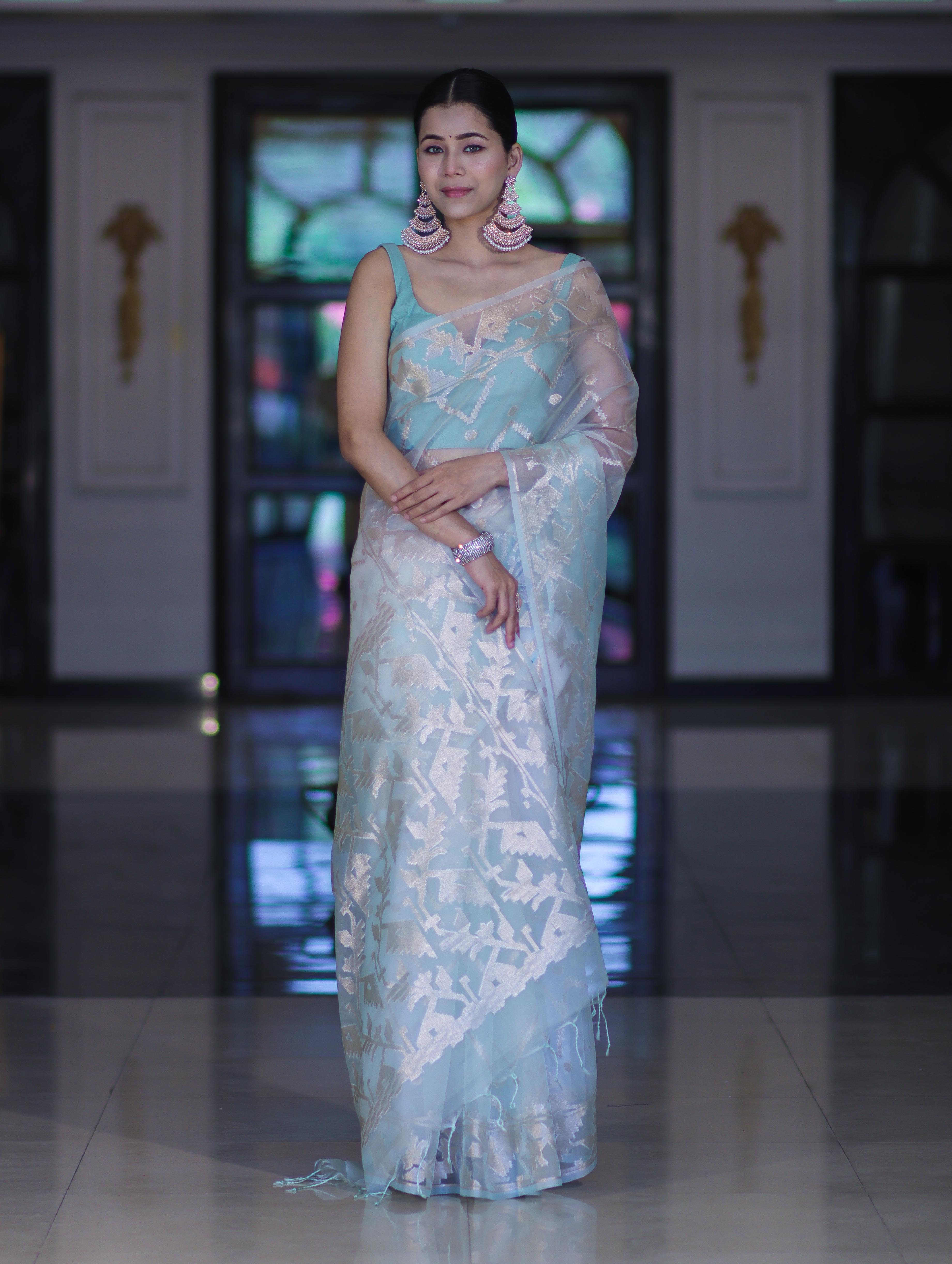 Banarasee Dual Color Organza Saree With Zari Jaal Design-Mint Green & Light Yellow