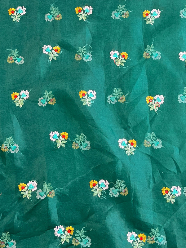 Banarasee Pure Organza Silk Stripe Design Saree With Floral Resham Embroidery-Green
