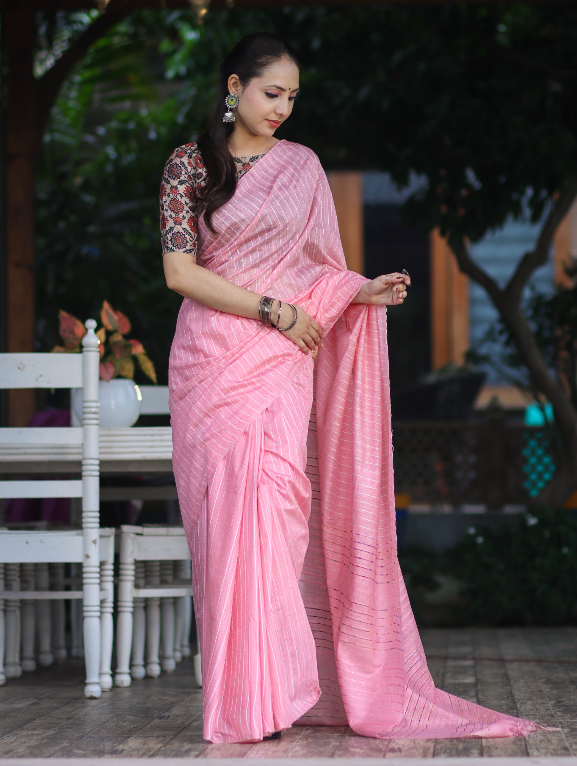 Bhagalpur Handloom Semi Silk Saree With Stripes Design-Light Pink