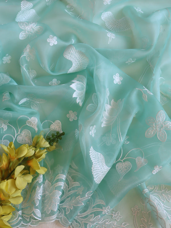 Banarasee Pure Organza Silk Saree With Floral Resham Embroidery-Sea Green
