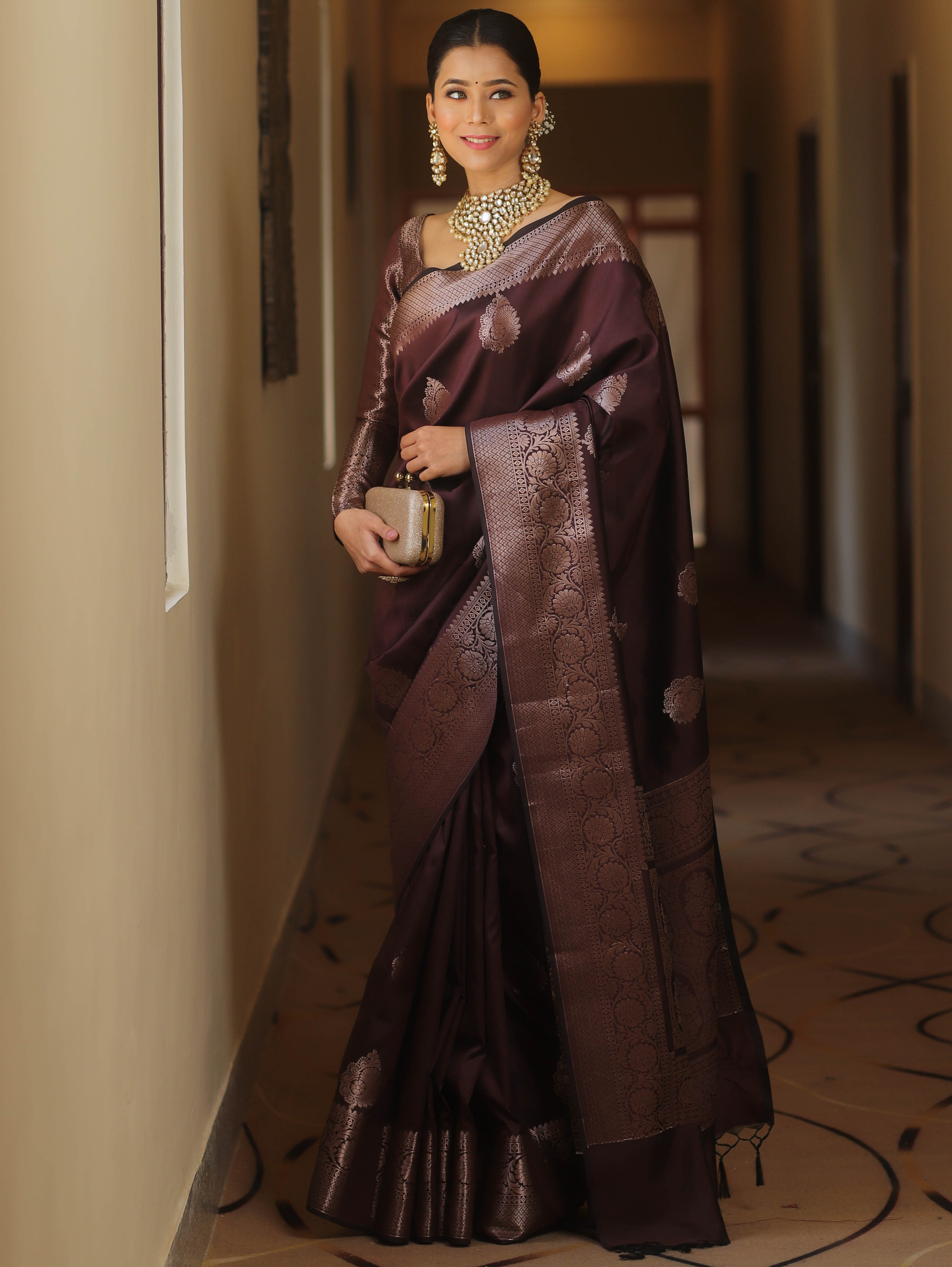 Banarasee Handwoven Semi Silk Saree With Zari Buti Design-Brown