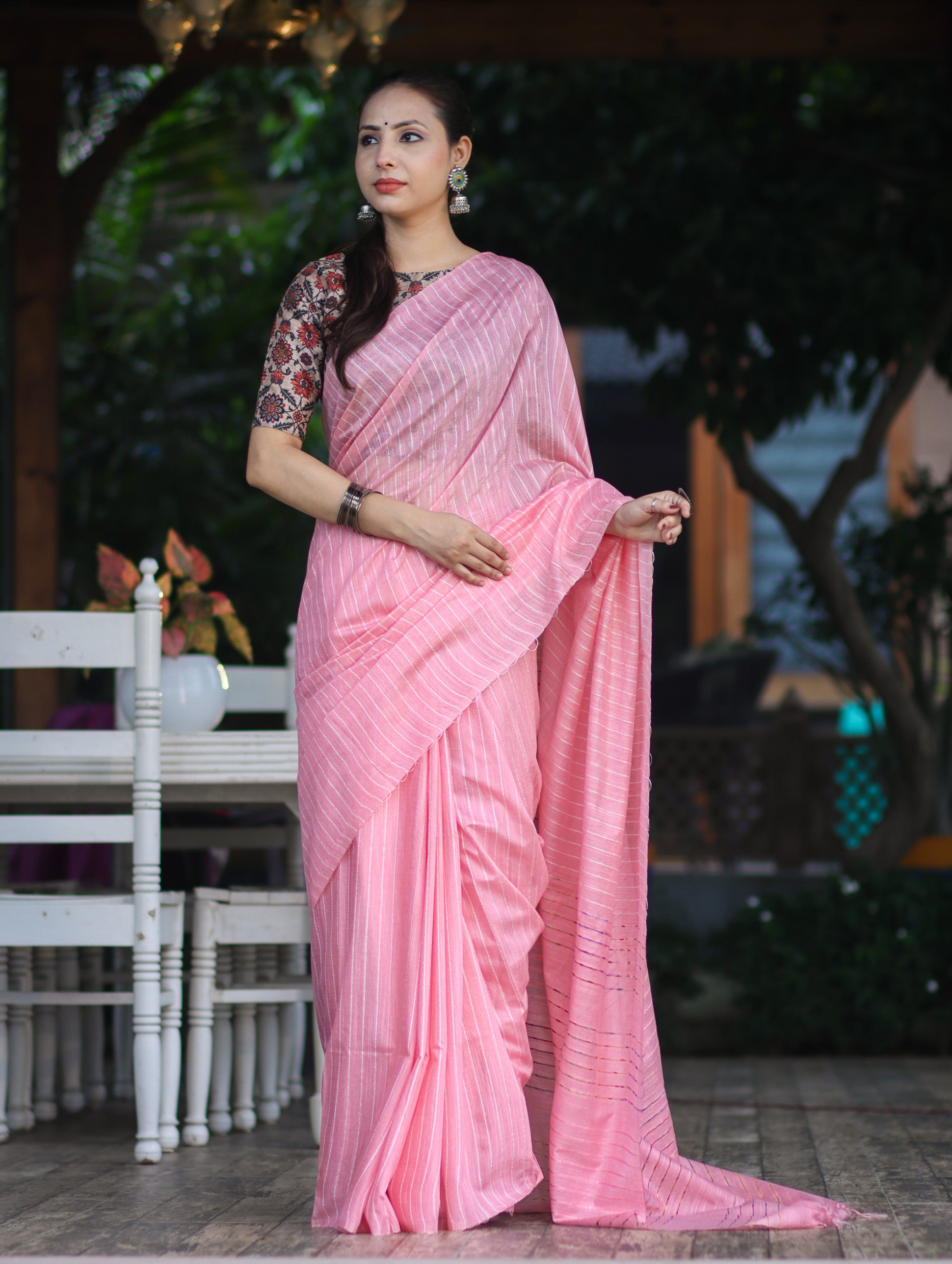 Bhagalpur Handloom Semi Silk Saree With Stripes Design-Light Pink