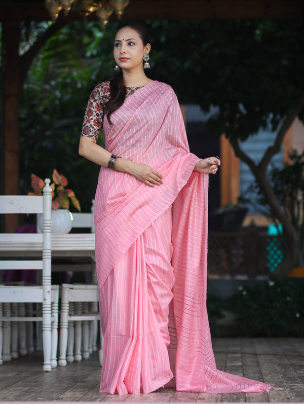 Bhagalpur Handloom Semi Silk Saree With Stripes Design-Light Pink