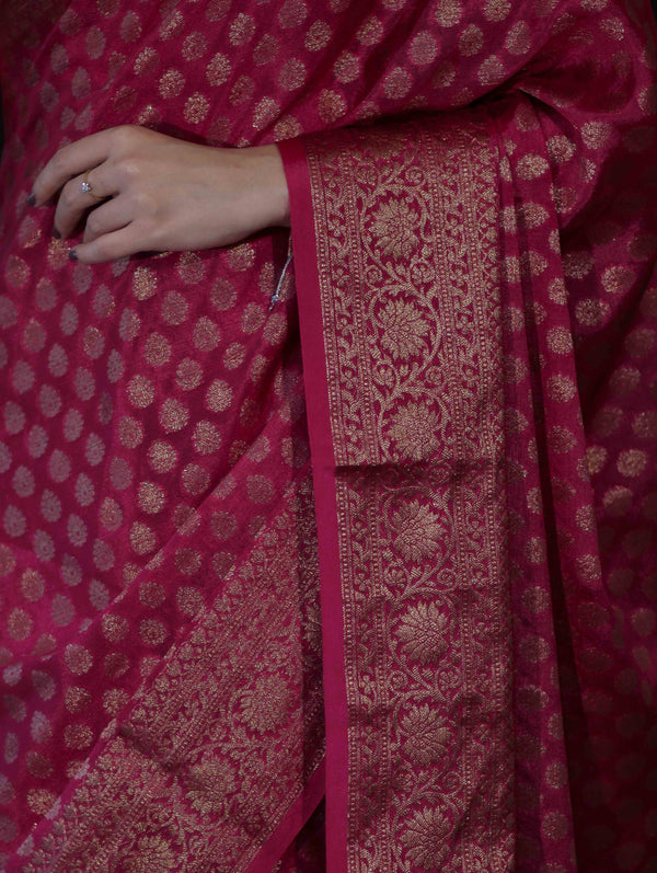 Banarasee Handwoven Georgette Saree With Zari Buta Design & Floral Border-Pink