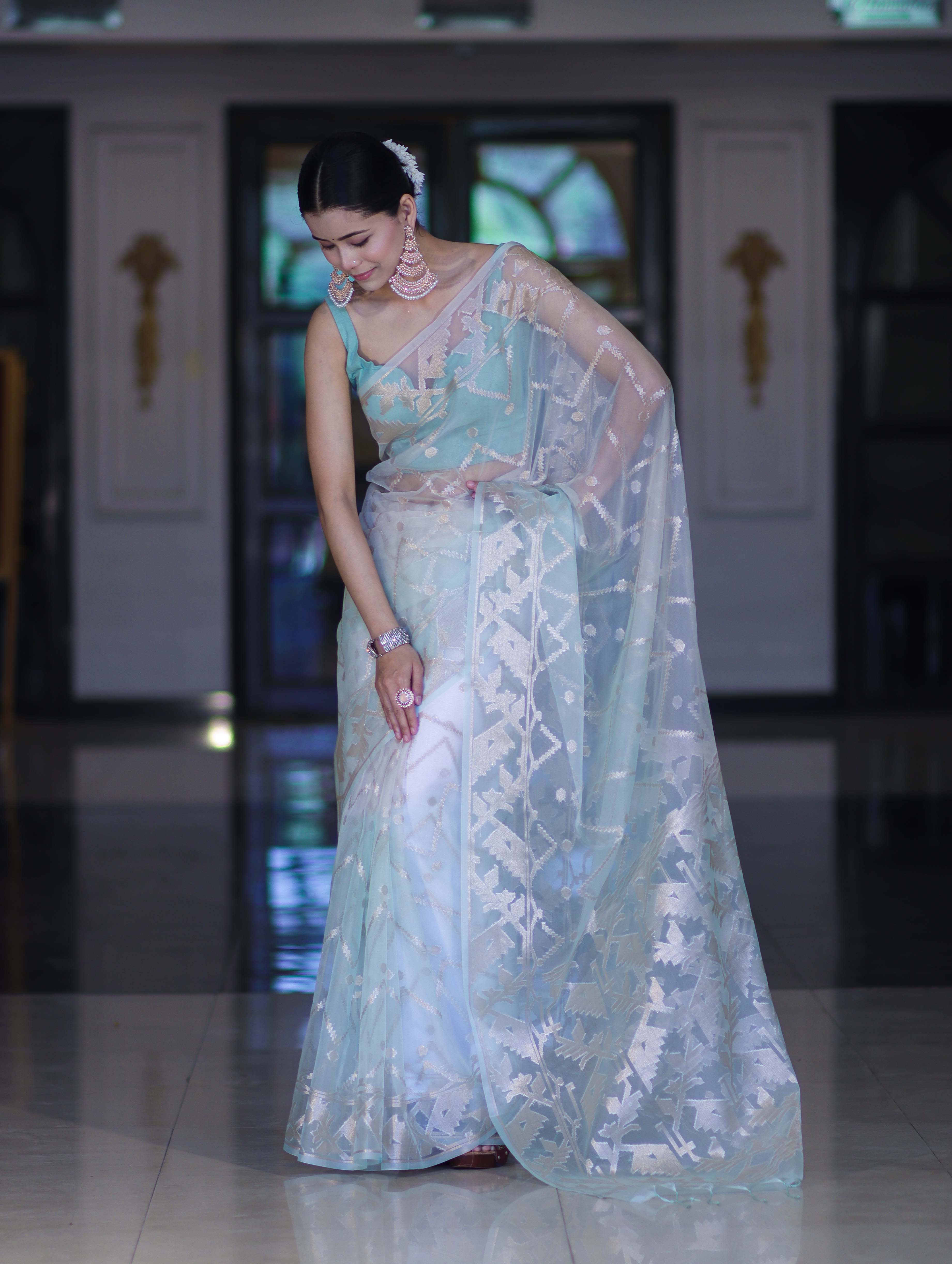 Banarasee Dual Color Organza Saree With Zari Jaal Design-Mint Green & Light Yellow