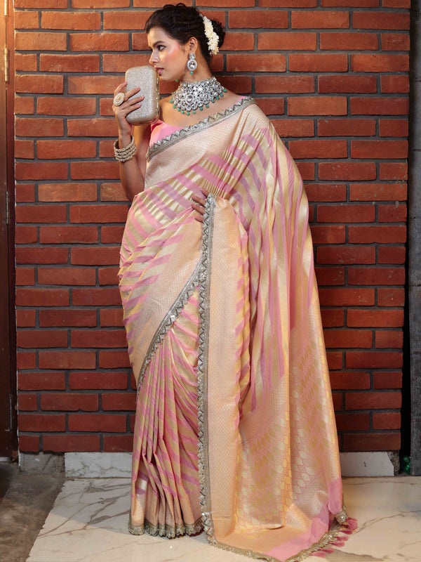 Banarasee Pure Chiffon Saree With Golden Stripes Design Border & Lace-Baby Pink