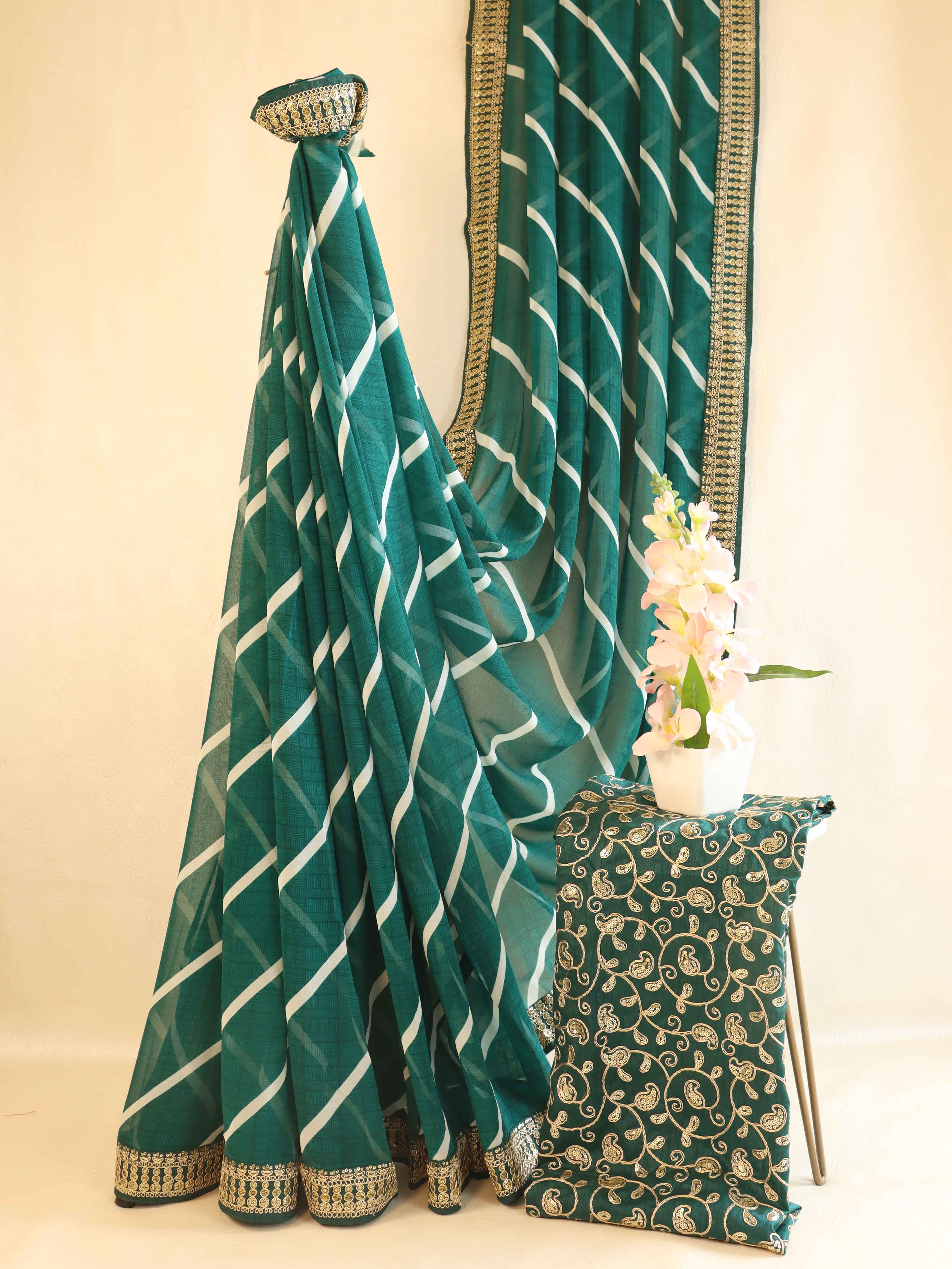 Banarasee Georgette Embroidered Lehariya Print Saree-Teal Green