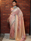 Banarasee Pure Chiffon Saree With Golden Stripes Design Border & Lace-Baby Pink